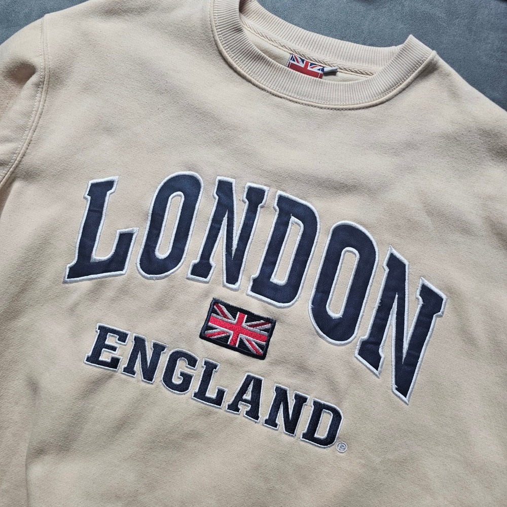 K.K. London England Union Jack Embroidered Sweatshirt Tan Sand Mens Womens L